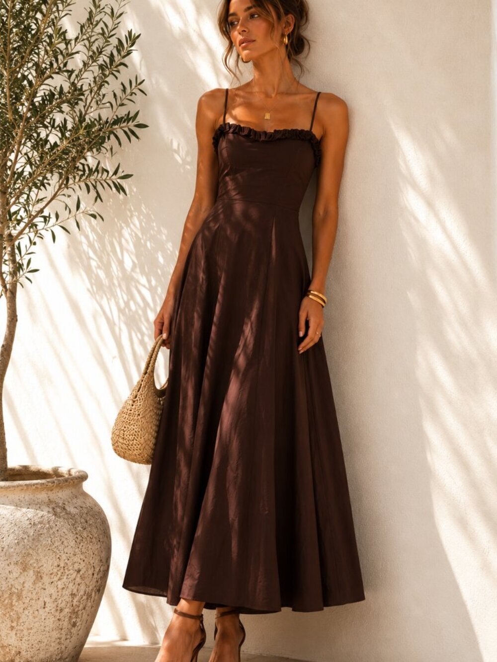 Blue Navy Italy Chocolate Brown Cotton Midi Maxi Dress NWT Made in Italy